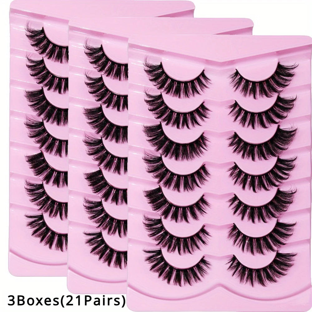 3Boxes(21Pairs) False Eyelashes Wispy Lashes Natural Look Fake Eyelashes Cat Eye Lashes Fake Fluffy Strip False Lashes Pack