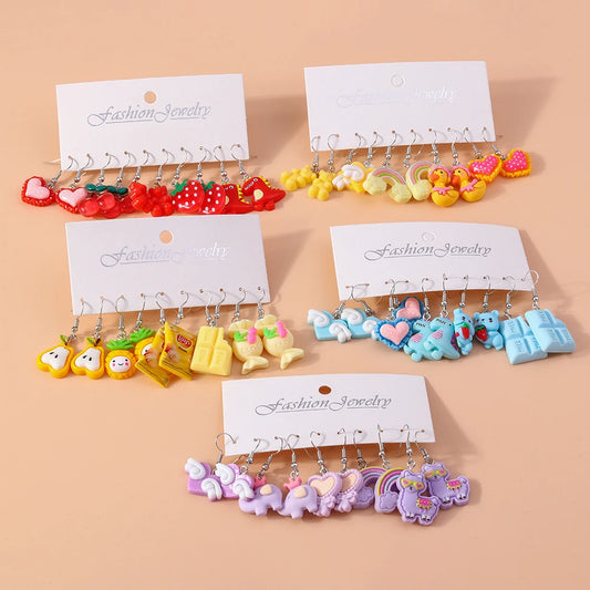 Aihua 10pcs Cute Cartoon Animal Fruit Earring Set Acrylic Colorful Dopamine Earrings for Women Kids New Trendy Jewelry Gifts
